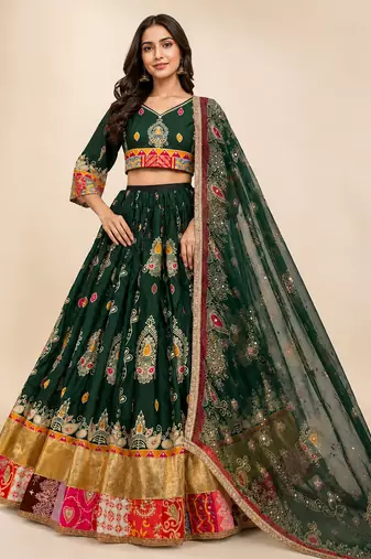 Green Muslin Cotton Navratri Chaniya Choli with Mirror Work & Georgette Dupatta