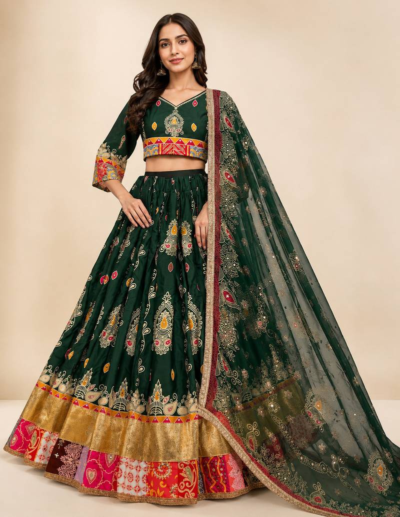 Green Muslin Cotton Navratri Chaniya Choli with Mirror Work & Georgette Dupatta