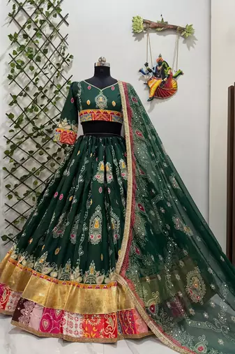 Green Muslin Cotton Navratri Chaniya Choli with Mirror Work & Georgette Dupatta