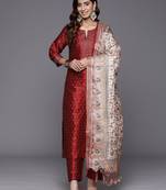 Maroon zari work textured kurta with trouser and printed dupatta