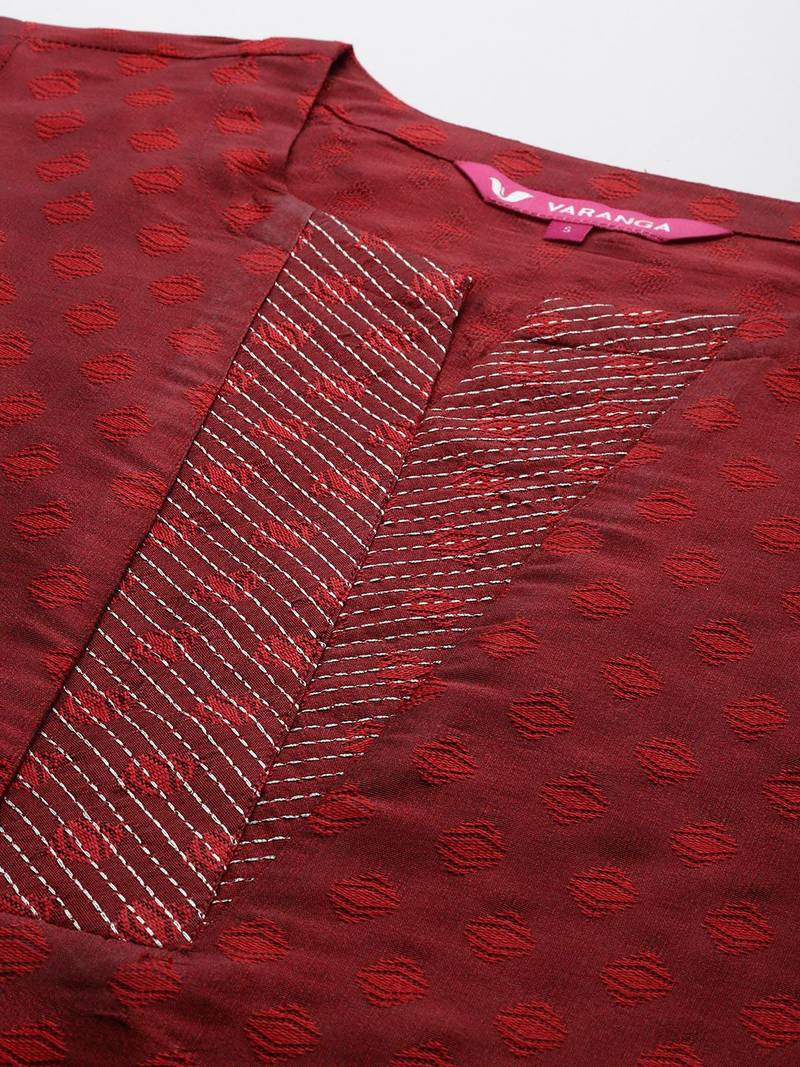Maroon zari work textured kurta with trouser and printed dupatta