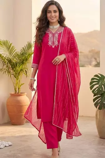 Women ethnic motifs embroidered regular thread work kurta with trousers & with dupatta