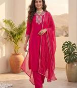 Women ethnic motifs embroidered regular thread work kurta with trousers & with dupatta