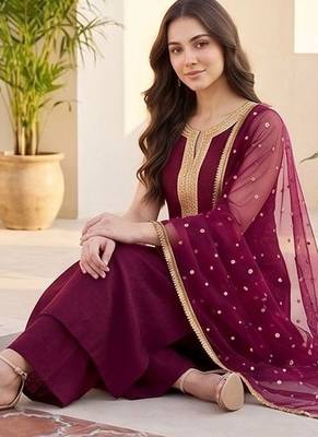 Women ethnic motifs embroidered regular kurta with palazzos & with dupatta 2