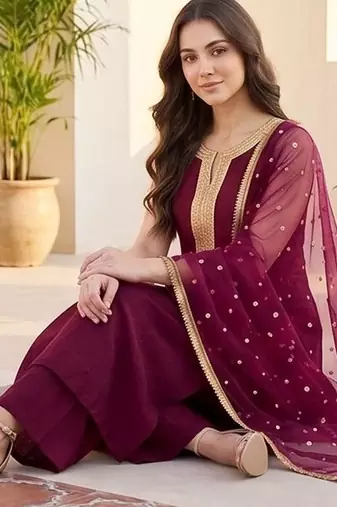 Women ethnic motifs embroidered regular kurta with palazzos & with dupatta