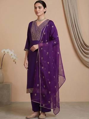 Women ethnic motifs embroidered regular thread work kurta with trousers & with dupatta 1