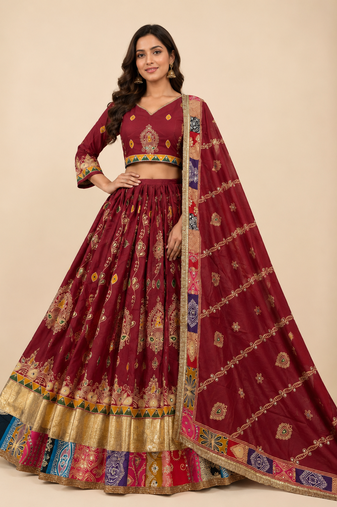 Maroon Muslin Cotton Navratri Chaniya Choli with Mirror Work & Georgette Dupatta