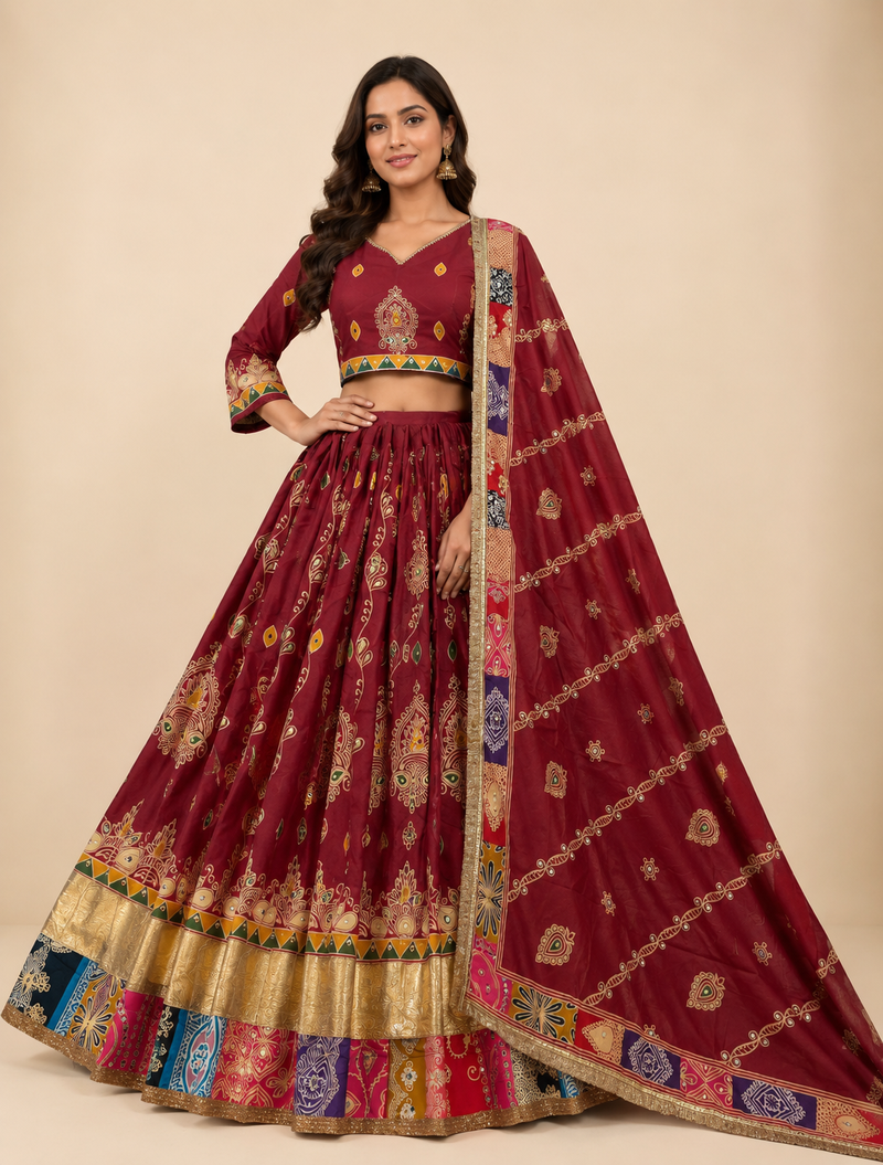 Maroon Muslin Cotton Navratri Chaniya Choli with Mirror Work & Georgette Dupatta