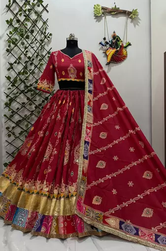 Maroon Muslin Cotton Navratri Chaniya Choli with Mirror Work & Georgette Dupatta
