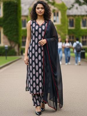 Women ethnic motifs printed regular pure cotton kurta with trousers & with dupatta 1