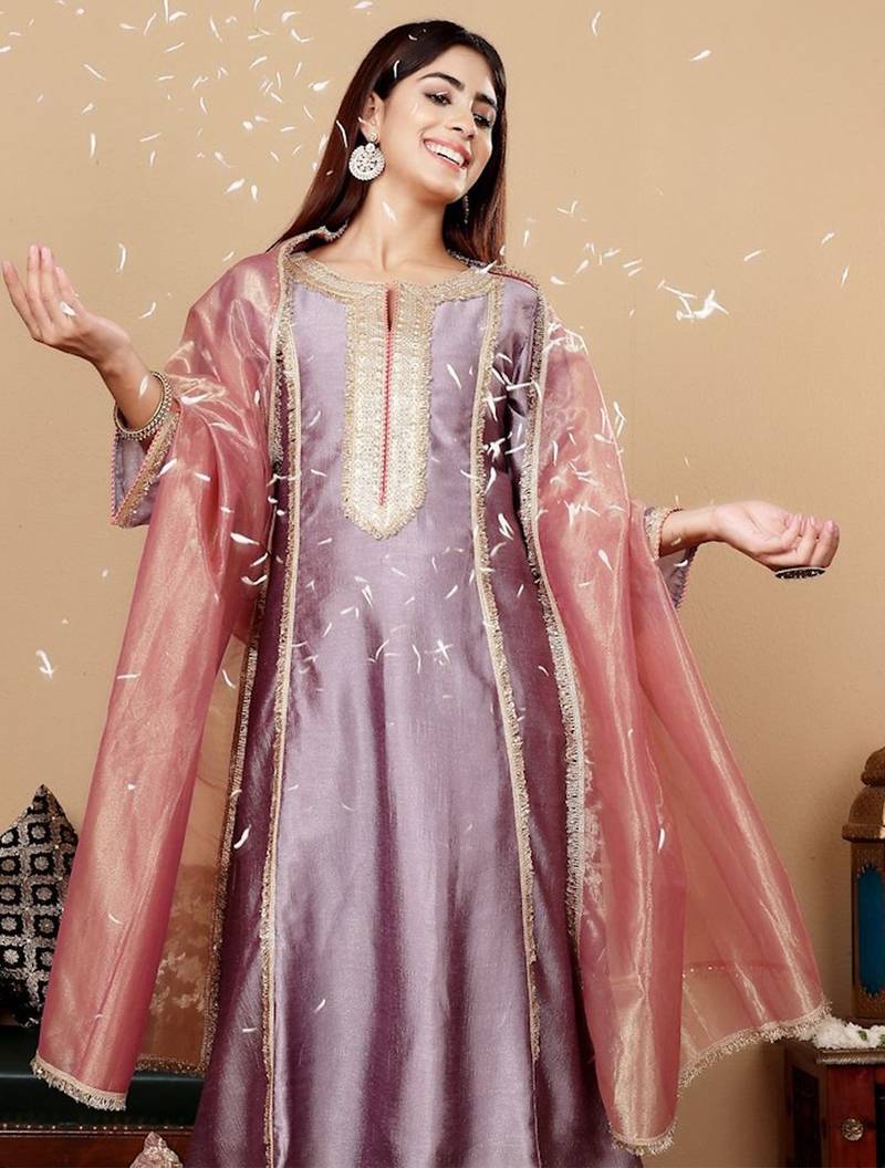 Lavender embroidered yoke design notch neck anarkali kurta with trousers & dupatta