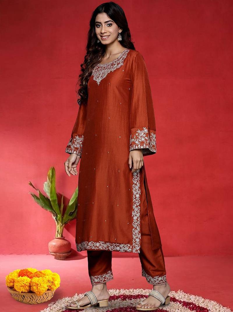 Women embroidered kurta with trousers & dupatta