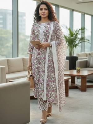 Women floral printed regular pure cotton kurta with trousers & with dupatta 1