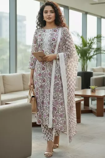 Women floral printed regular pure cotton kurta with trousers & with dupatta