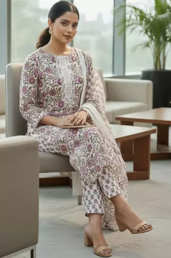 Women floral printed regular pure cotton kurta with trousers & with dupatta