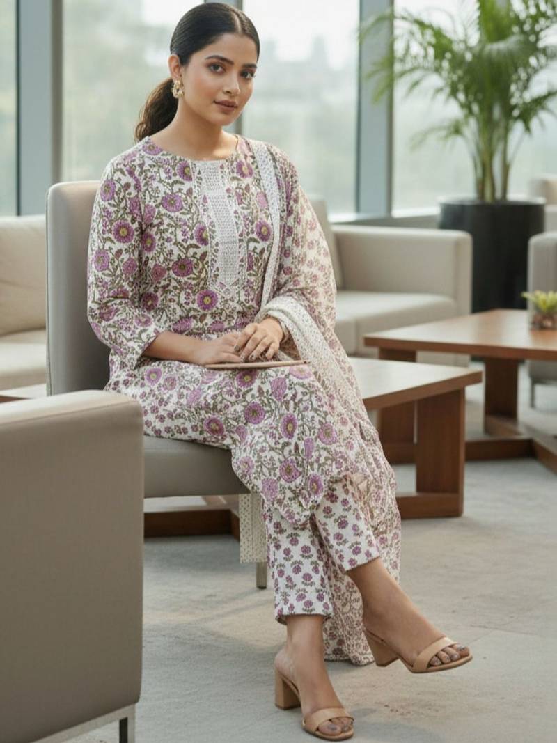 Women floral printed regular pure cotton kurta with trousers & with dupatta
