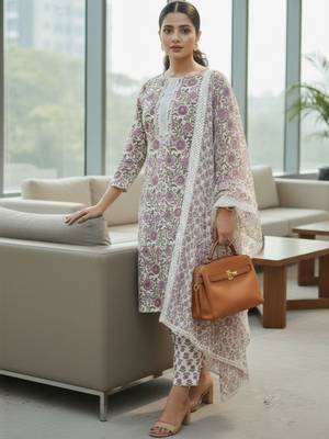 Women floral printed regular pure cotton kurta with trousers & with dupatta 3