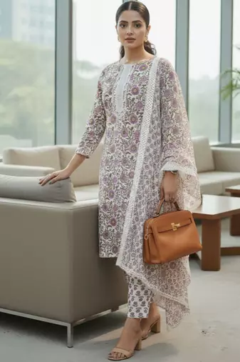 Women floral printed regular pure cotton kurta with trousers & with dupatta