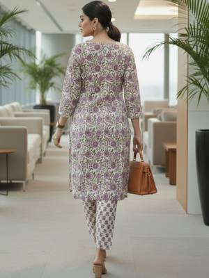 Women floral printed regular pure cotton kurta with trousers & with dupatta 4