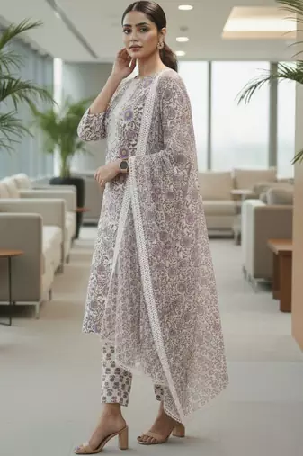 Women floral printed regular pure cotton kurta with trousers & with dupatta