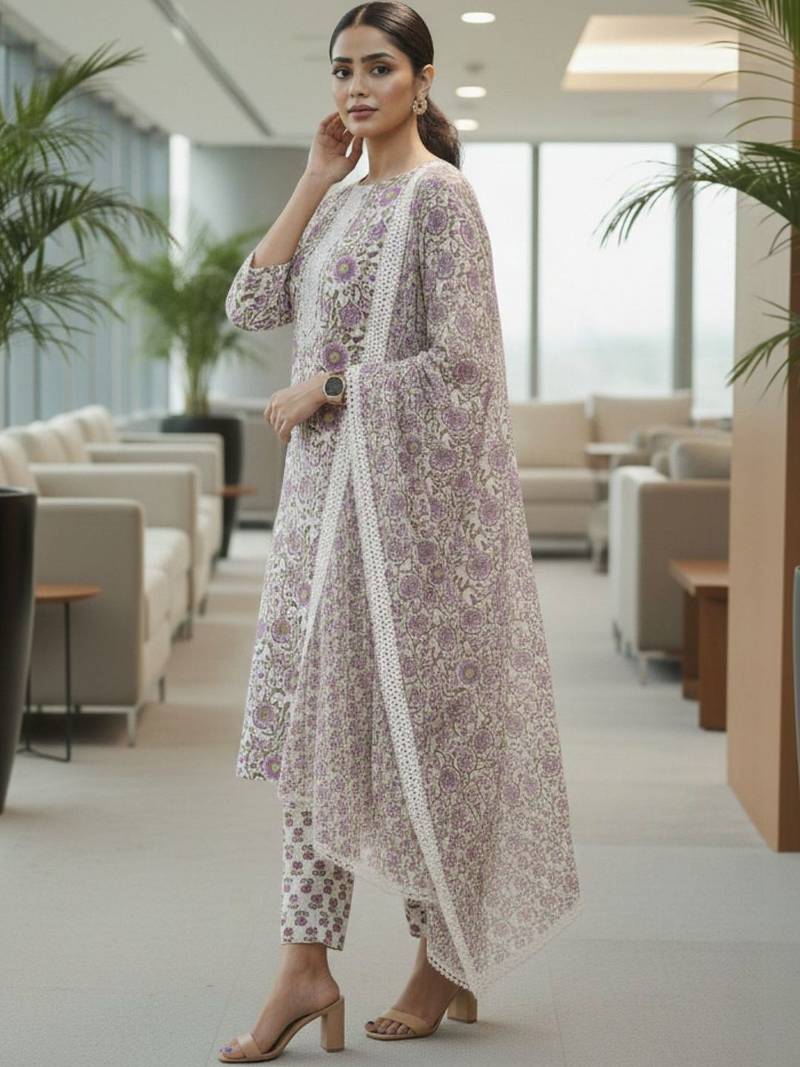 Women floral printed regular pure cotton kurta with trousers & with dupatta