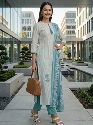 Women ethnic motifs printed regular pure cotton kurta with trousers & with dupatta 1