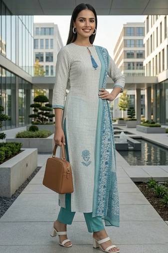 Women ethnic motifs printed regular pure cotton kurta with trousers & with dupatta