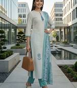 Women ethnic motifs printed regular pure cotton kurta with trousers & with dupatta