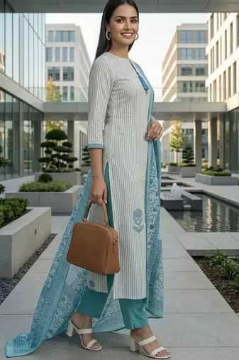 Women ethnic motifs printed regular pure cotton kurta with trousers & with dupatta