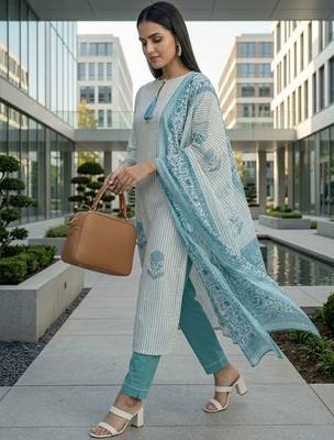 Women ethnic motifs printed regular pure cotton kurta with trousers & with dupatta 4