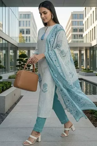 Women ethnic motifs printed regular pure cotton kurta with trousers & with dupatta