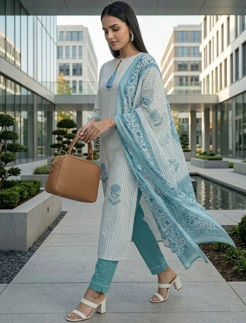 Women ethnic motifs printed regular pure cotton kurta with trousers & with dupatta