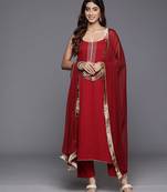 Maroon gota detailed sleeveless kurta with trouser and dupatta