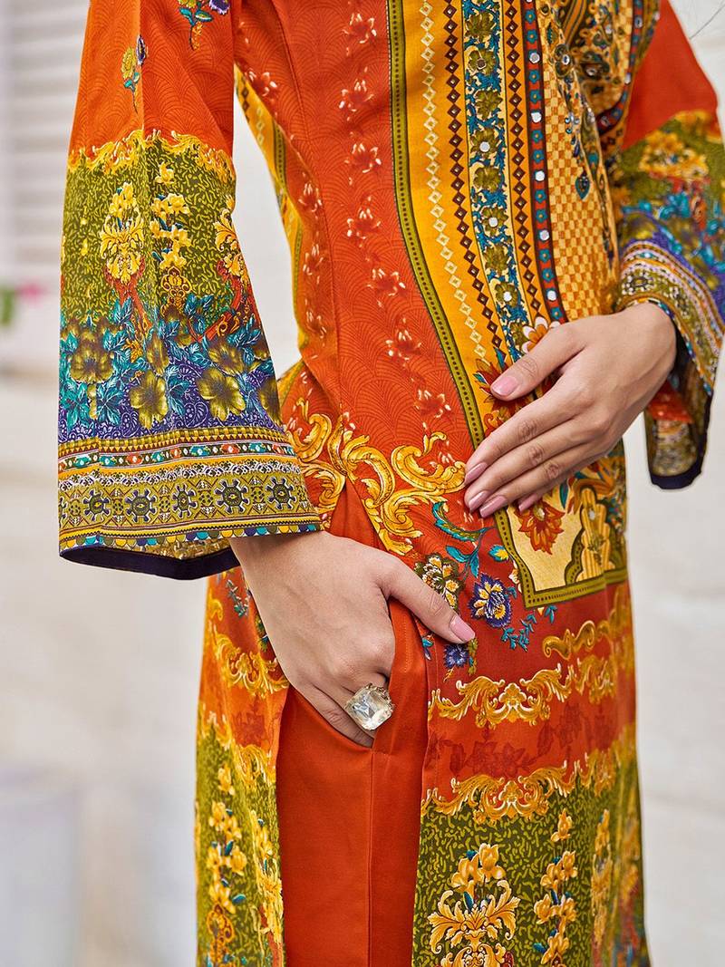 Women printed regular beads and stones kurta with trousers & with dupatta