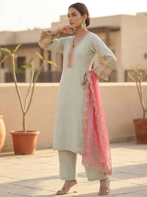 Women embroidered regular kurta with trousers & with dupatta 5