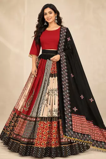 Multicolor Muslin Cotton Navratri Chaniya Choli with Real Mirror Work & Dupatta