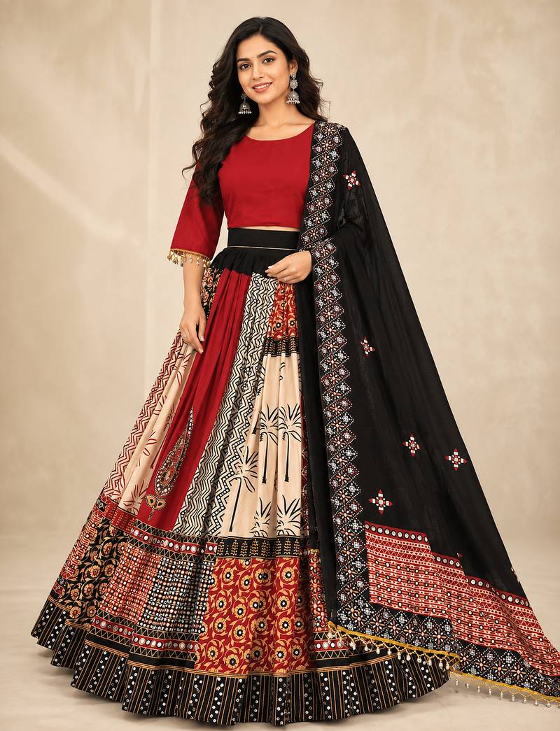 Multicolor Muslin Cotton Navratri Chaniya Choli with Real Mirror Work & Dupatta