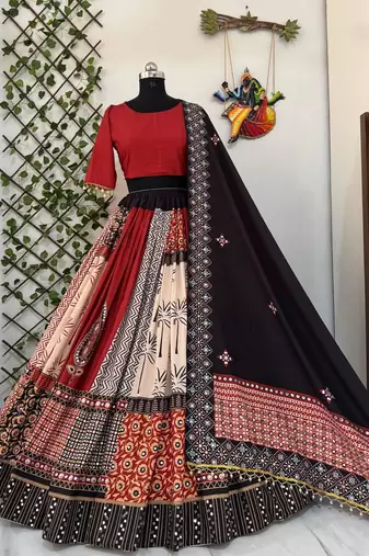 Multicolor Muslin Cotton Navratri Chaniya Choli with Real Mirror Work & Dupatta