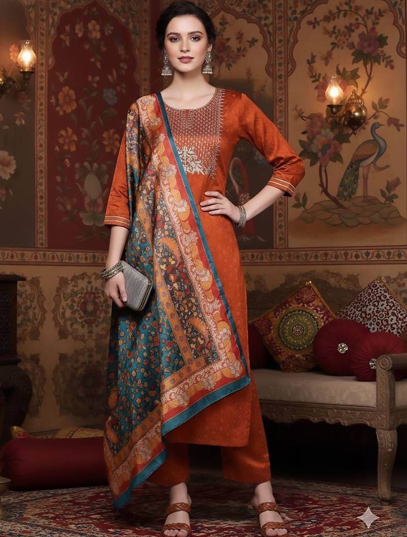 Rust geometric woven design regular thread work kurta with trouser with dupatta