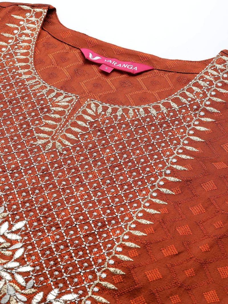 Rust geometric woven design regular thread work kurta with trouser with dupatta