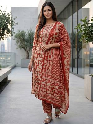 Women printed regular kurta with trousers & with dupatta 1