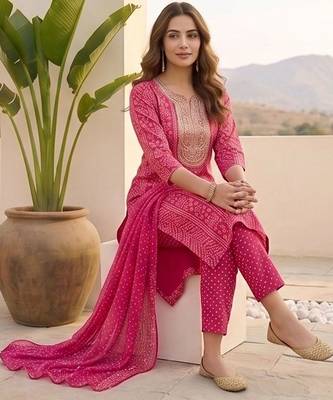 Women ethnic motifs printed regular thread work kurta with trousers & with dupatta 1