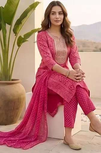 Women ethnic motifs printed regular thread work kurta with trousers & with dupatta