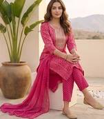 Women ethnic motifs printed regular thread work kurta with trousers & with dupatta