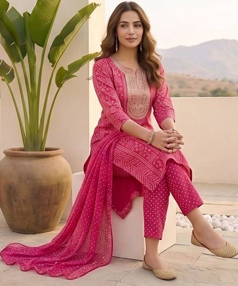 Women ethnic motifs printed regular thread work kurta with trousers & with dupatta