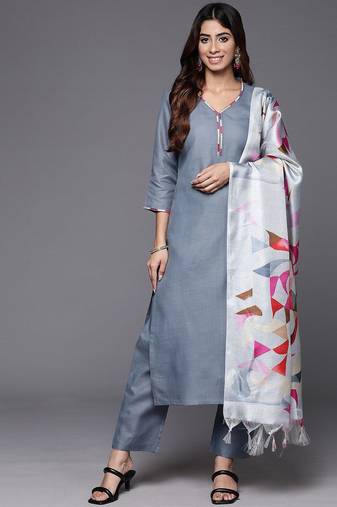 Straight thread work kurta with trousers & dupatta