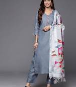 Straight thread work kurta with trousers & dupatta