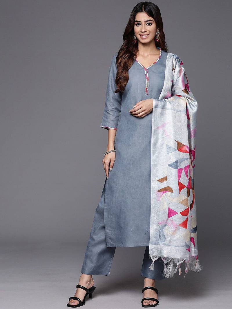 Straight thread work kurta with trousers & dupatta