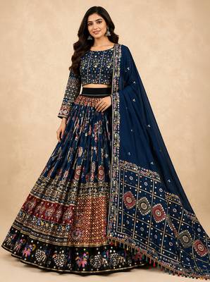 Navy Blue Muslin Cotton Navratri Chaniya Choli with Mirror Work & Dupatta 1