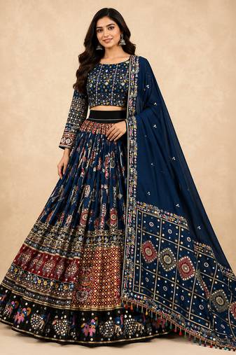 Navy Blue Muslin Cotton Navratri Chaniya Choli with Mirror Work & Dupatta